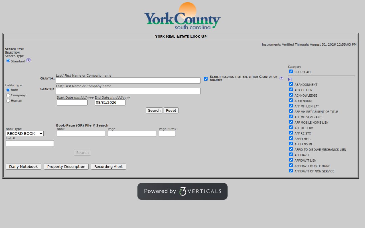 York residents directory Recorder instrument search fields