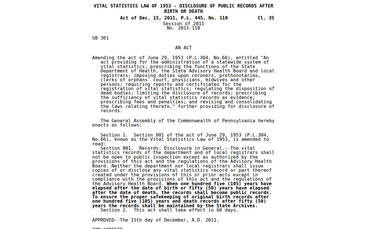 York residents directory Pennsylvania vital records law source