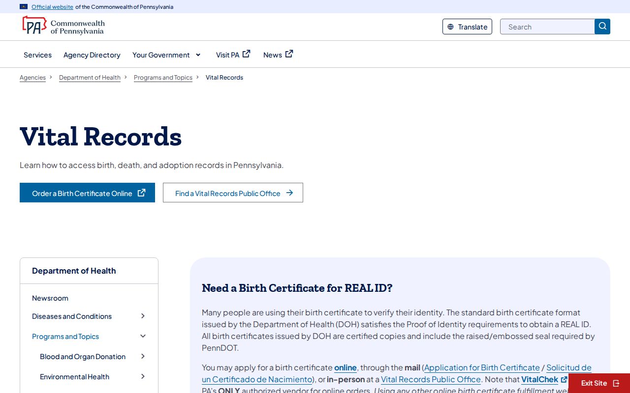 York resident lookup Pennsylvania Department of Health vital records service
